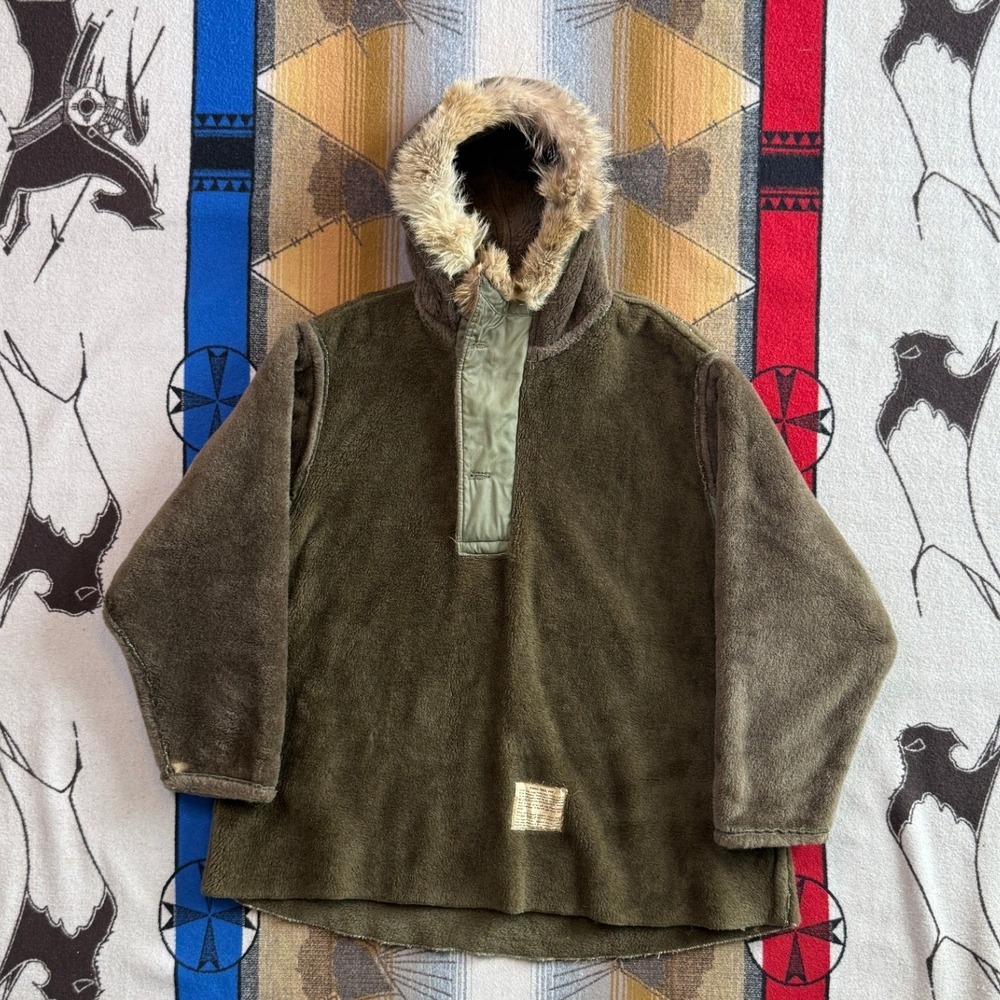 Vintage US Military Pile Field Parka Liner Hooded Fleece Jacket Olive Drab Large